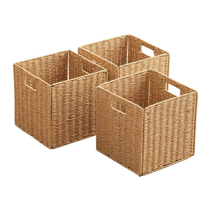 Foldable Storage Baskets with Handles Paper Rope Storage Baskets Rectangle Collapsible Hand Woven Storage Cubes Bins for Organizing Shelves Living Room Bedroom Pantry (3, 11'' x 11'' x 11'')