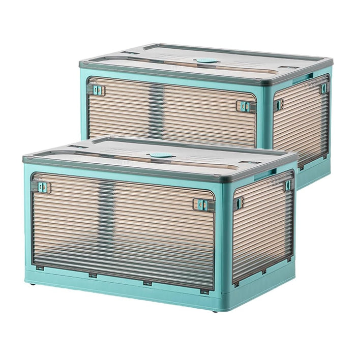 Folding Storage Bins, 50 Liters, 2 Pcs Blue plastic Storage Containers with Wheels, Double Doors, Foldable, Stackable, Plastic Box with Lids for Organization, Storage Cart