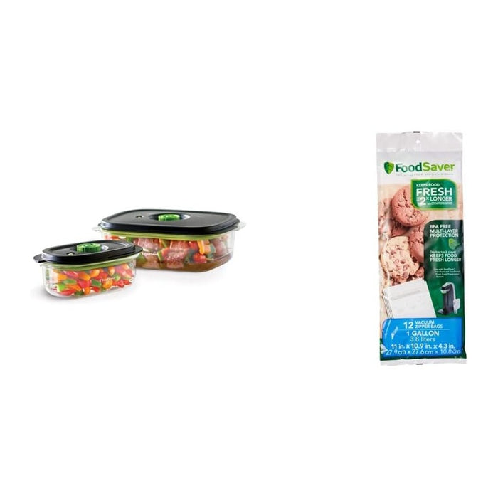 FoodSaver 2116382 Preserve & Marinate Vacuum -Containers,1- 3 cup and 1- 10 cup, Clear (Count-2) and FoodSaver 1-Gallon Vacuum Zipper Bags, 12 Count, Multi
