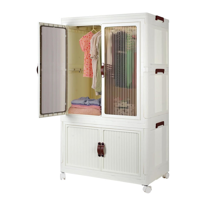 FozsKeylf Stackable Closet Storage Bins, Collapsible Clothes Organizers, Portable Wardrobe Closet with Lids and Doors, Movable Clothes Storage with Coat Hangers, White