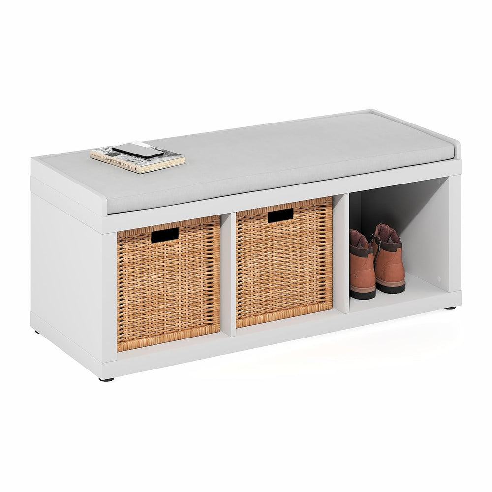 Furinno Cubicle Storage Bench, Shoe Bench with Padded Seat Cushion, 3-Cube Op...