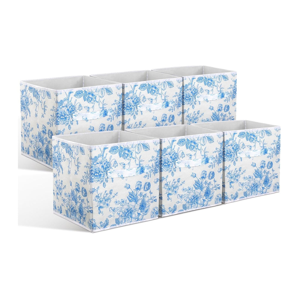 Geelin 6 Pcs Blue Floral Cube Storage Bins 11 Inch Storage Basket