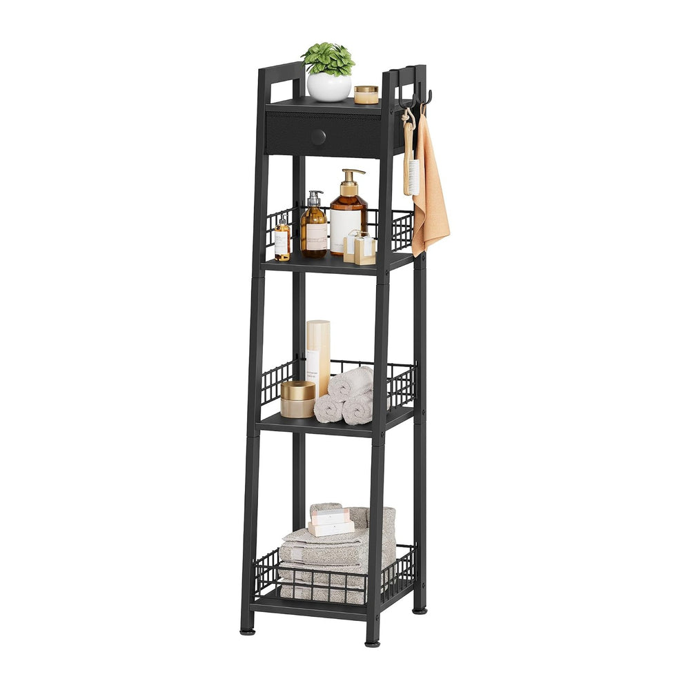Gewudraw 4-Tier Narrow Bathroom Ladder Shelf with Storage Drawer, Black