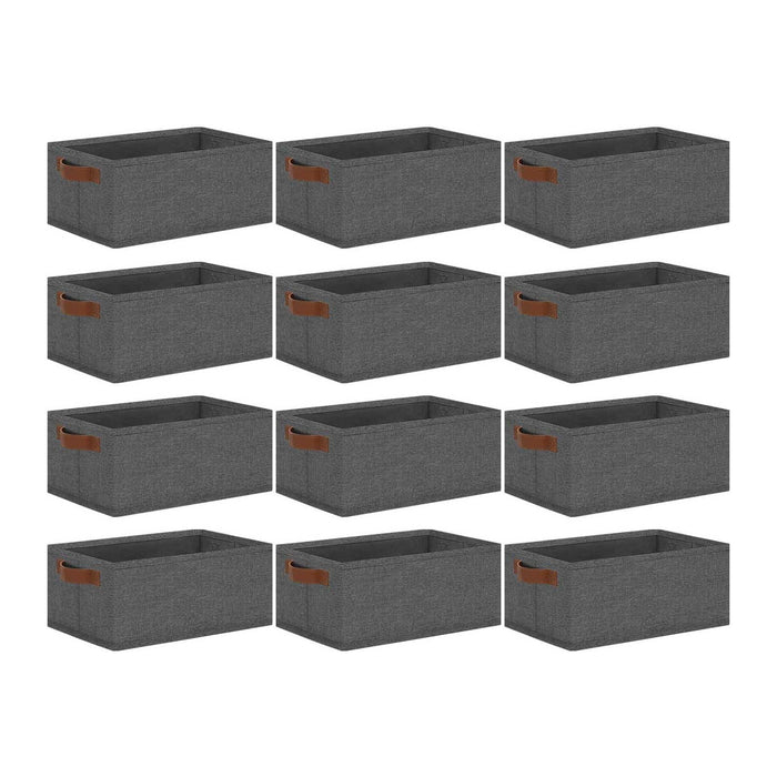GhvyenntteS Small Fabric Storage Bins 12 Pack, 11.8" x 7.87" x 5.11" Storage Basket with Leather Handles, Closet Storage Bins for Shelves, Storage Baskets for Shelves, DVD Storage (Grey)