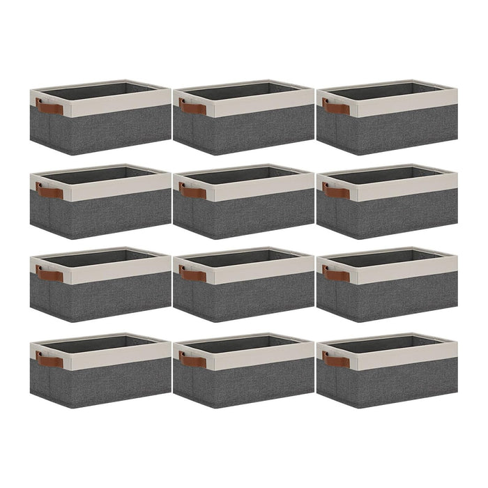 GhvyenntteS Small Fabric Storage Bins 12 Pack, Storage Basket with Leather Handles, Closet Storage Bins for Shelves, Storage Baskets for Shelves, Home, Office (Grey/White, 11.8" x 7.87" x 5.11")