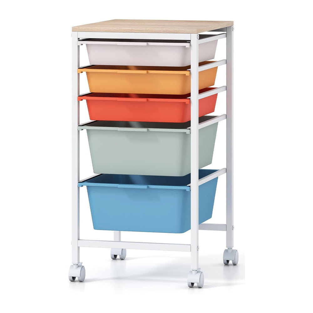 Giantex Rolling Storage Cart with 5 Drawers, Utility Cart w/Wooden Tabletop, ...