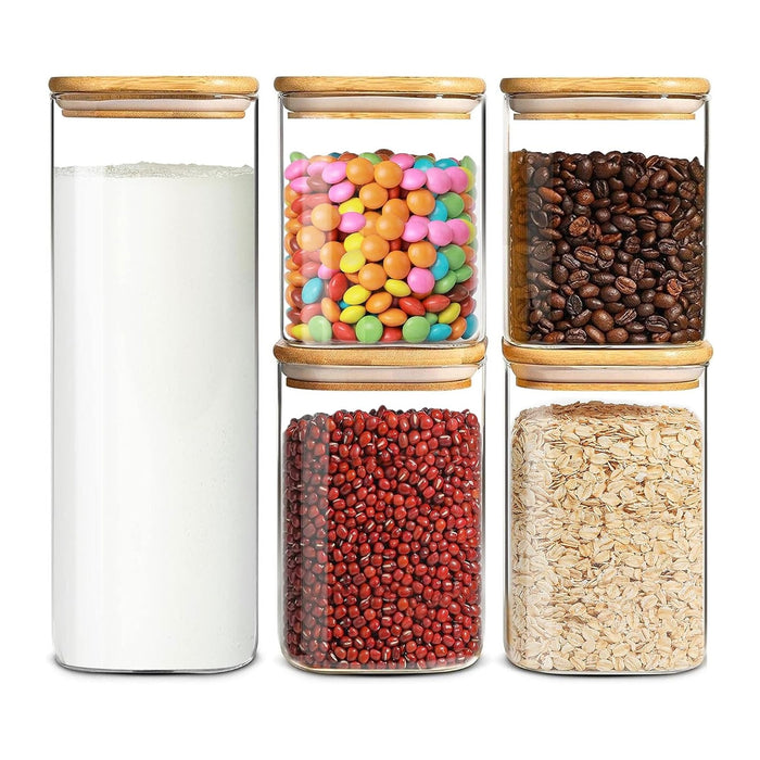 Glass Storage Containers with Airtight Bamboo Lids Muti Size Set of 5,Pantry Food Glass Jar with Lid,Perfect for Kitchen Organization-Nuts,Flour, Rice, Pasta, Sugar, Coffee Beans, Accessories Included