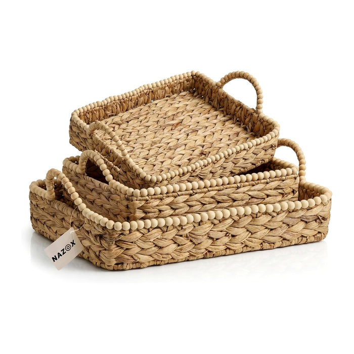 Handwoven Water Hyacinth Wicker Basket Set of 3 - Storage Baskets with Handles & Scalloped Edge for Living Room, Nursery Organization, Laundry & Pantry Wicker Baskets Use