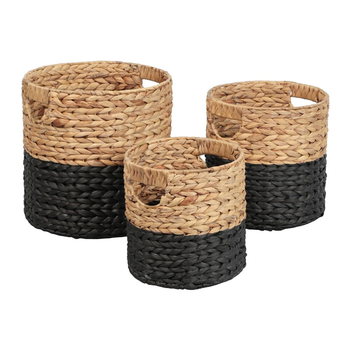 happimess Avery 3-Piece Cylinder Nesting Baskets 13", Black/Natural | Hyacinth, Bohemian Cottage Style, Handwoven Wicker, Iron Metal Frame, Decorative Storage For Toys And Books, Built In Handles