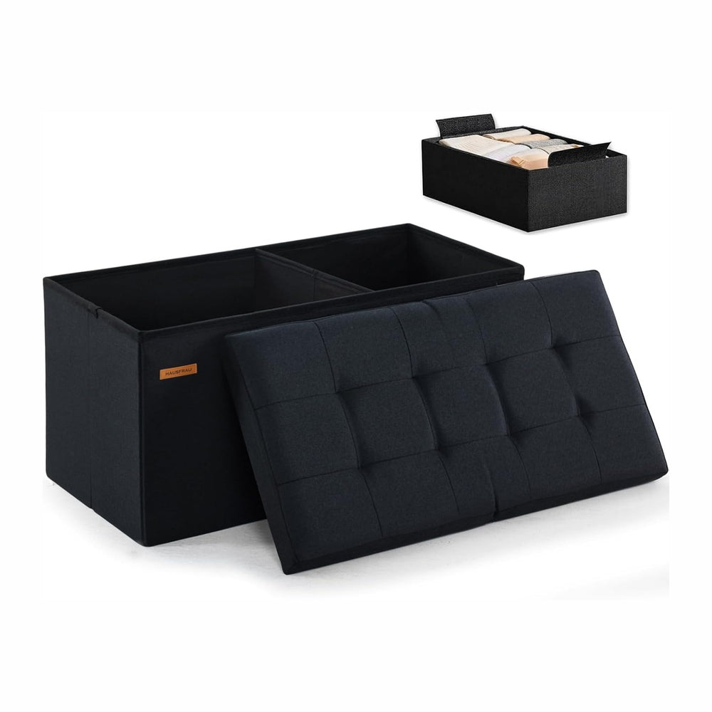 HAUSFRAU Ottoman with Storage Bench Folding Foot Rest Stool Linen Black