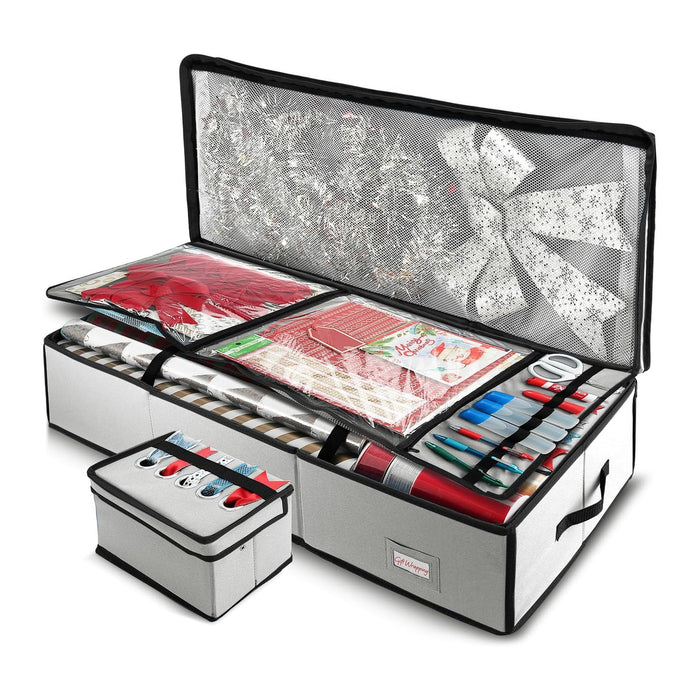 Hearth & Harbor Wrapping Paper Storage Container - Christmas Storage Bag with Ribbon Dispenser and Interior Pockets - Gift Wrap Organizer Fits Up to 26 Rolls of 40" Length, Silver