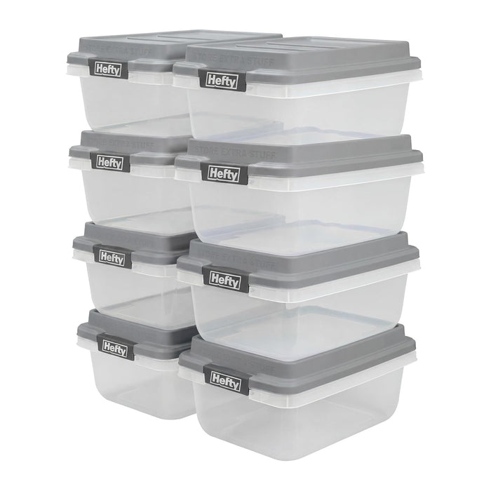 Hefty 18 Qt Hi-Rise Storage Bin with Lid, Stackable Plastic Storage Container, Organizer for Home, Garage & Closet, 8 Pack, Gray