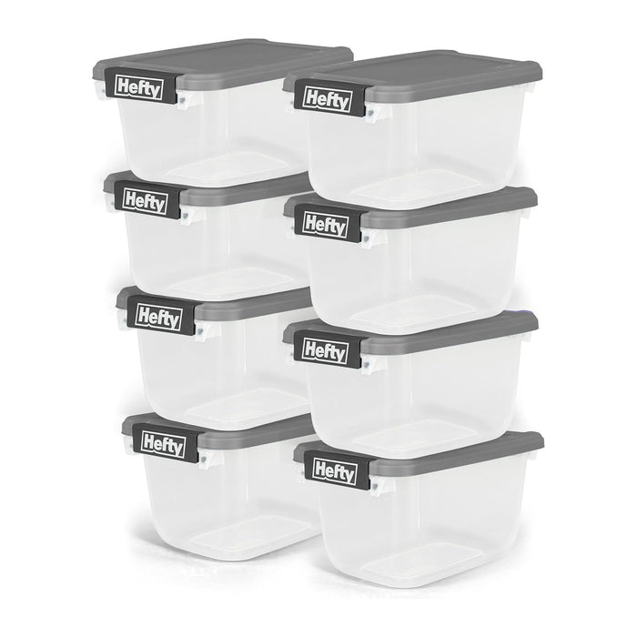 Hefty 6.5 Qt Flat-Lid Storage Bin with Lid, Stackable Plastic Storage Container, Organizer for Home, Office & Classroom, 8 Pack, Gray