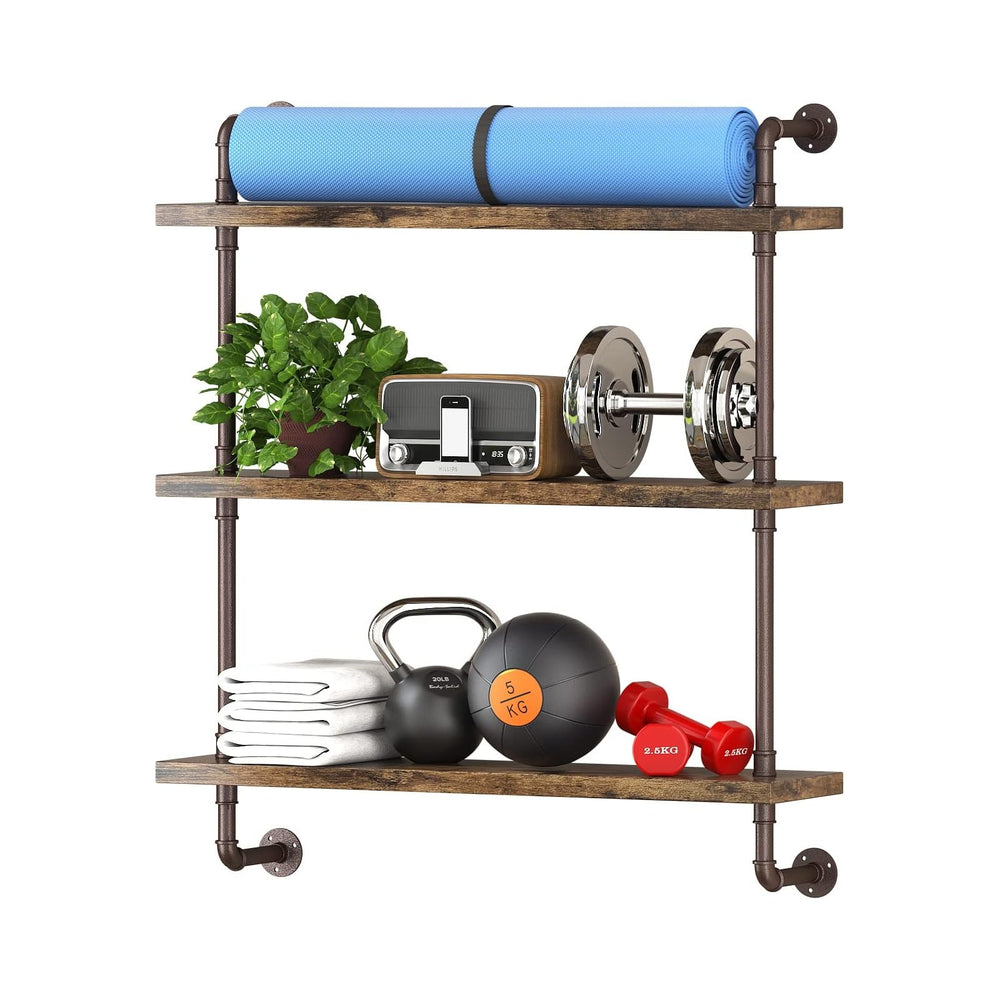 Helsin 3 Tier Industrial Pipe Shelf Rustic Wood Floating Wall Display Bookshe...