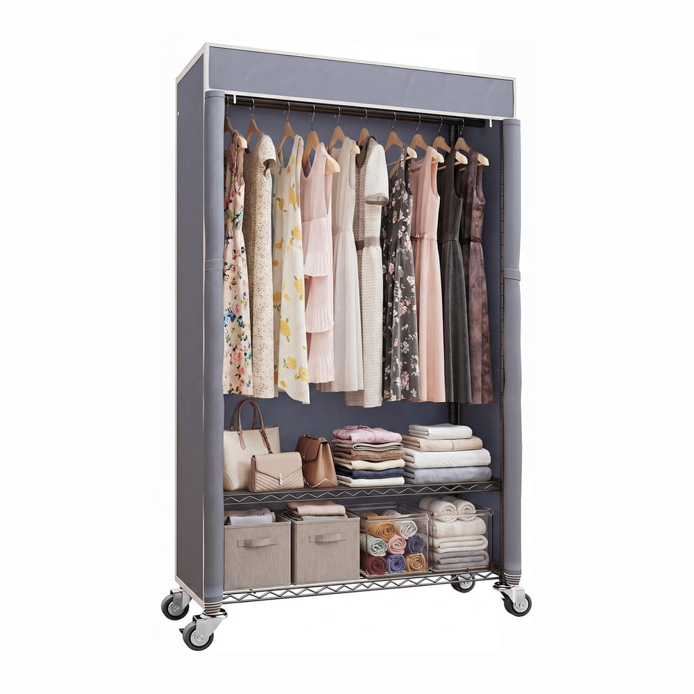 Higeego H4 Heavy Duty Clothes Rack, Black Clothing Rack with Grey Cover
