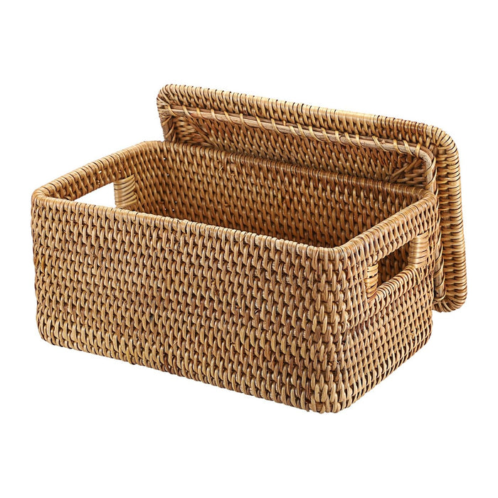 Hipiwe Rattan Basket with Lid Rectangular Lidded Wicker Storage Basket Bin