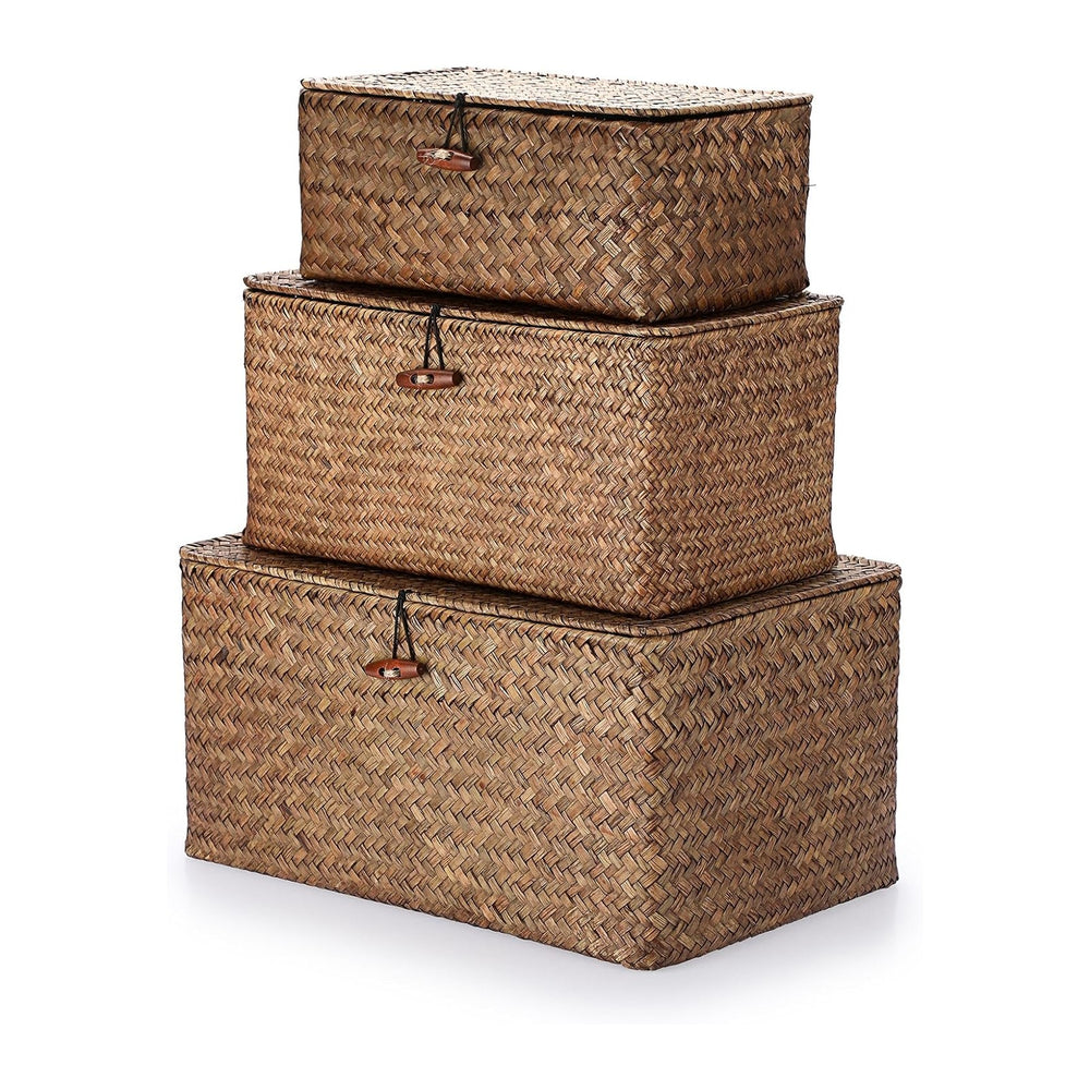 Hipiwe Set of 3 Seagrass Storage Baskets with Lid - Large Woven Wicker Bins