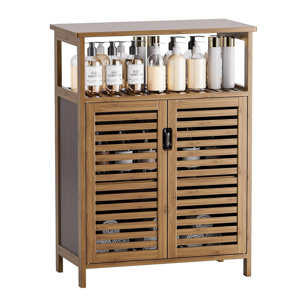 HITNET Bathroom Storage Cabinet, Bamboo Floor Cabinet with Double Doors and O...