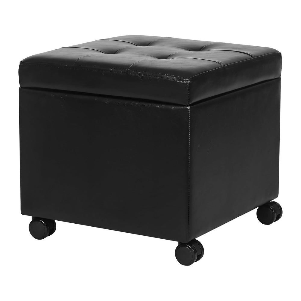Homebeez 18" Square Storage Ottoman with Wheels, Tufted Faux Leather Cube