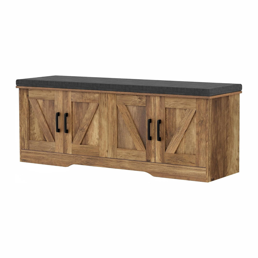 HOMSHO Farmhouse Shoe Storage Bench with 4 Barn Doors & Padded Seat Cushion