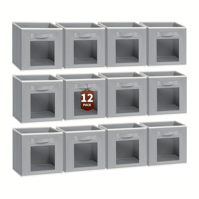 Homsorout Foldable Storage Cubes - Cubby Storage Organizer with Window, Decorative Baskets for Organizing, Fabric Bins for Clothes Storage, Closet Storage Cubes 11inch, Set of 12, Grey