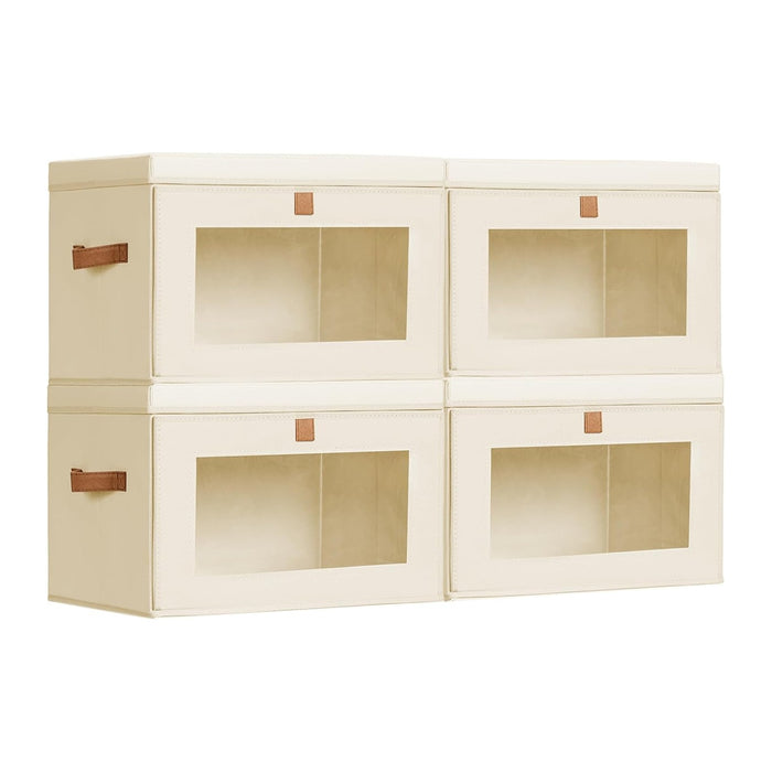 Homsorout Storage Bins with Lids - Front Opening Storage Box with Clear Window & Handles, Stackable Foldable Fabric Bins for Closet Organization, Clothes, Sweaters, Towels, Blankets, 4 Pack, Beige