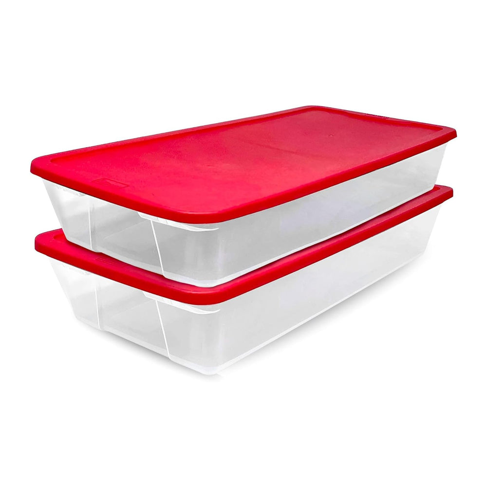 HOMZ Holiday Tote Plastic Storage Bin with Lid, 41 Qt, Clear/Red, 2 Pack