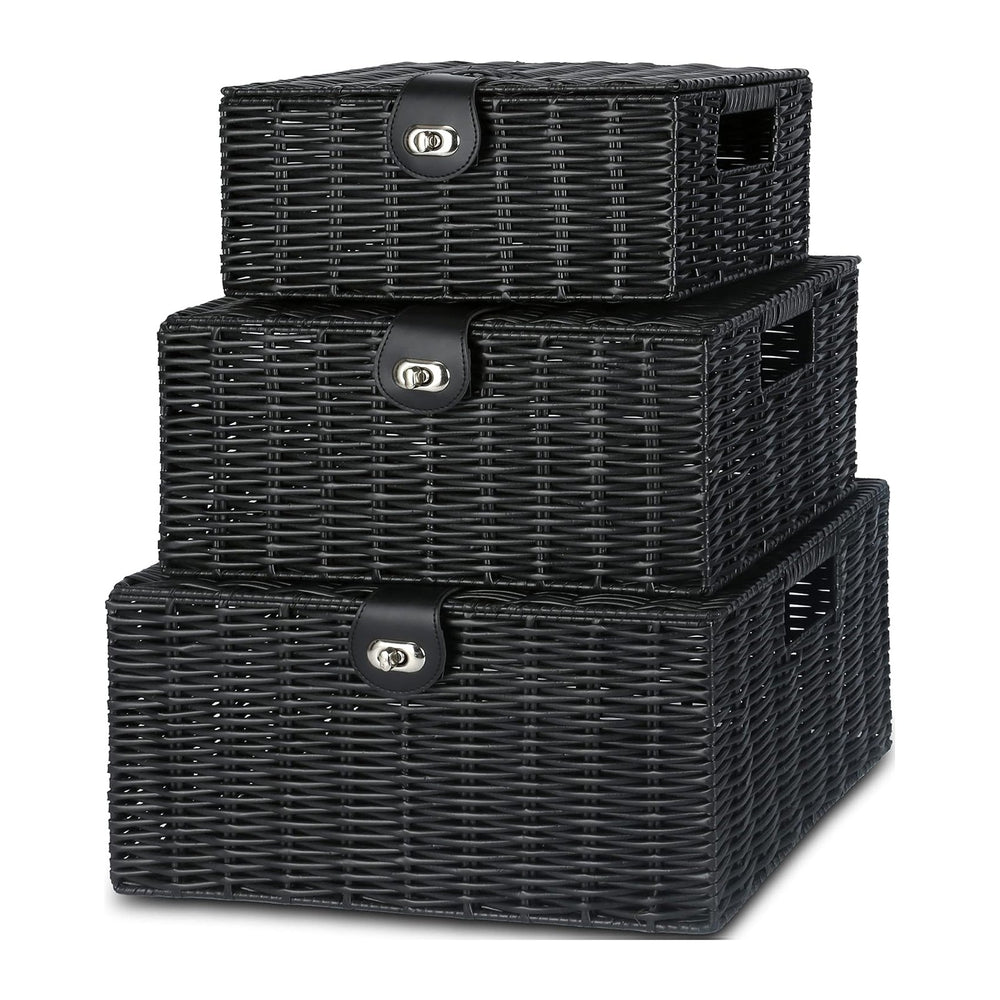 Honygebia Black Wicker Storage Baskets - Set of 3 Decorative Nesting Boxes wi...