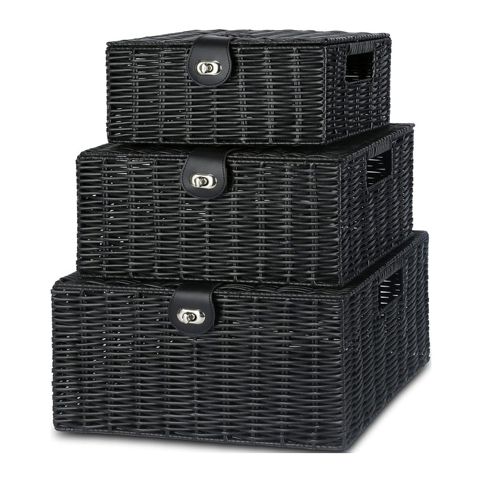 Honygebia Black Wicker Storage Baskets - Set of 3 Decorative Nesting Boxes with Lids, Woven Basket with Lock & Handle, Organizer for Beauty Makeup Bathroom Decor
