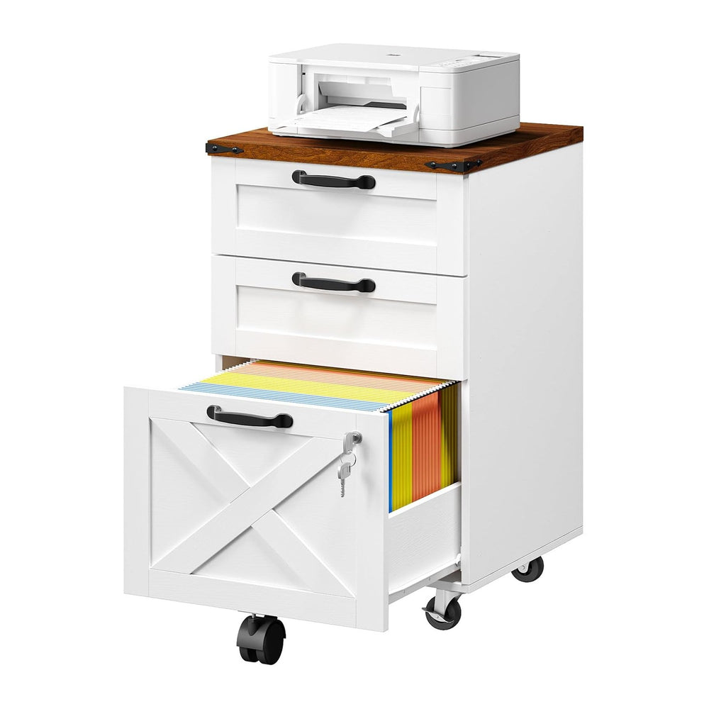 HOOBRO 3 Drawer File Cabinet with Lock, Mobile Farmhouse Filing Cabinet for A...