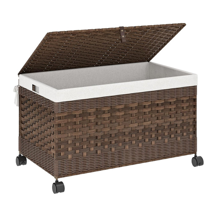 HOOBRO Storage Basket with Lid, 42.3 Gallon (160 L) Woven Storage Bin with Wheels, Wicker Basket with Handles, Foldable, Removable Liner, Metal Frame for Bedroom, Laundry Room, Brown BR246CW01