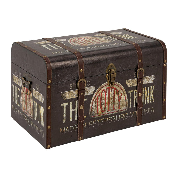 Household Essentials Large Decorative Storage Trunk with Vintage Decoupage, Leather and Metal Accents, Green and Black Finish