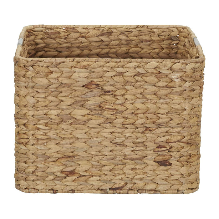 Household Essentials Square Wicker Basket with Handwoven Hyacinth Fibers, Stainless Steel Handles, and Sturdy Metal Frame, Natural Finish