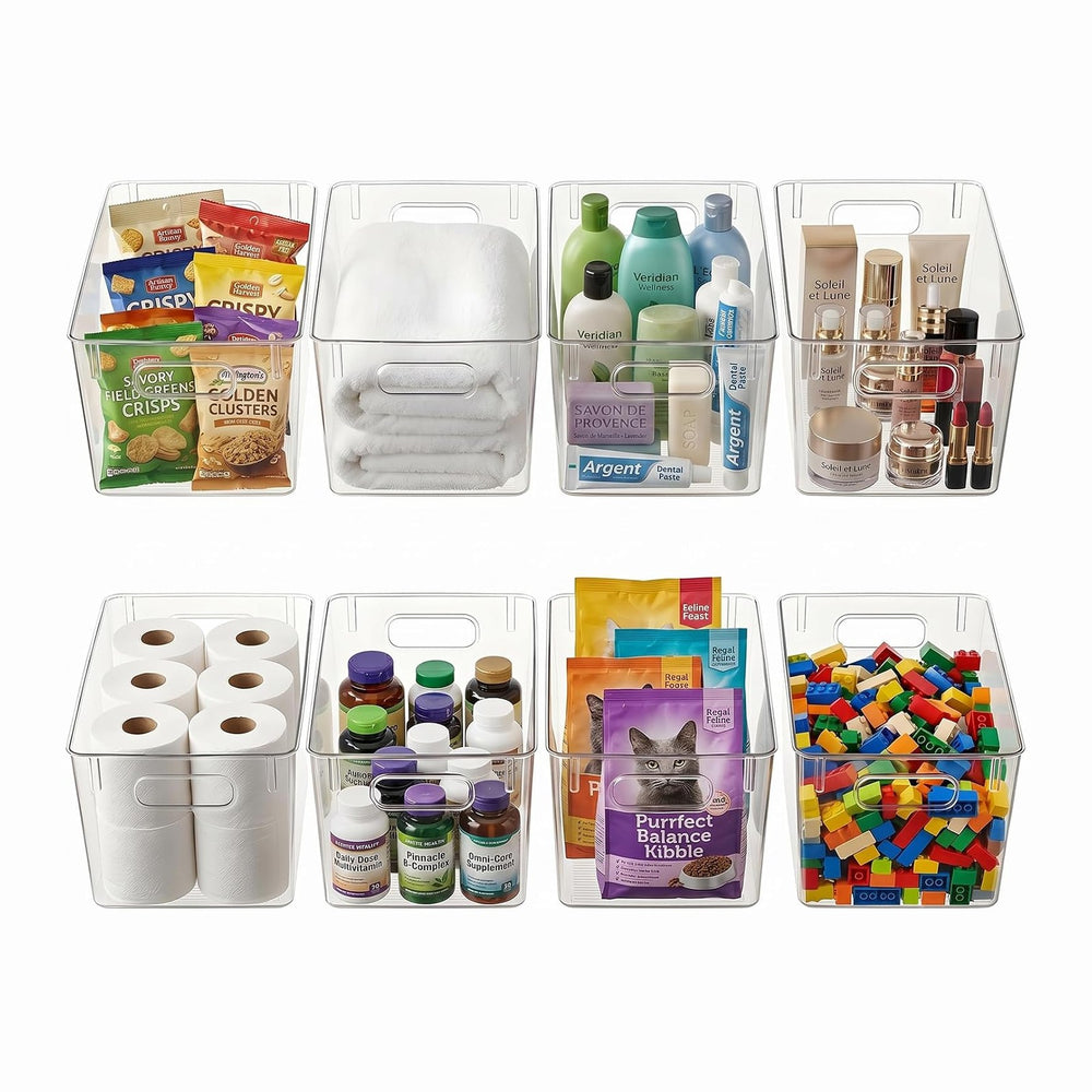 Hudgan 8 Clear Plastic Storage Bins for Pantry Organizer, Kitchen Cabinet