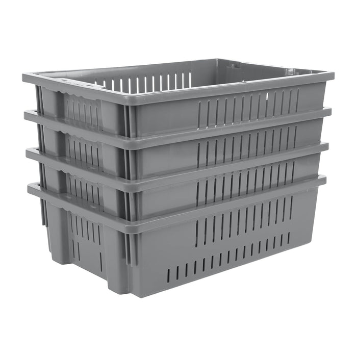 Hudson Exchange 20 x 13 x 5.6" (4 Pack, 4.5 Gallon) Agricultural Nest and Stack Vented Crate Handled Storage Container Tote, Gray
