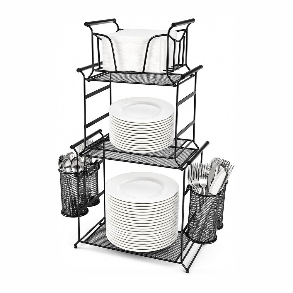 HULISEN 3-Tier Buffet Caddy, 7-Piece Paper Plate & Utensil Holder for Party