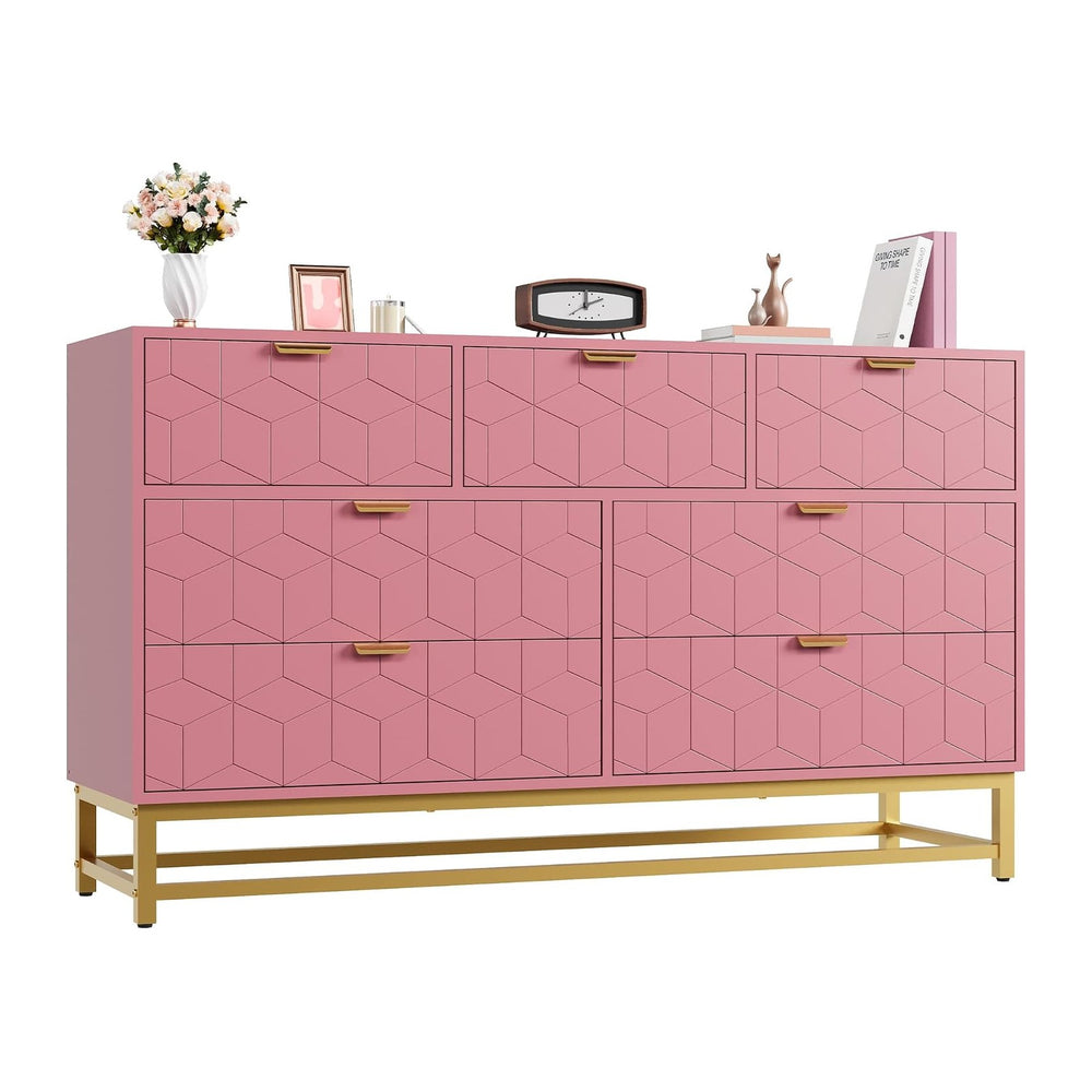 IDEALHOUSE Pink 7 Drawer Dresser for Bedroom, 53.5” Large Dresser with Metal ...