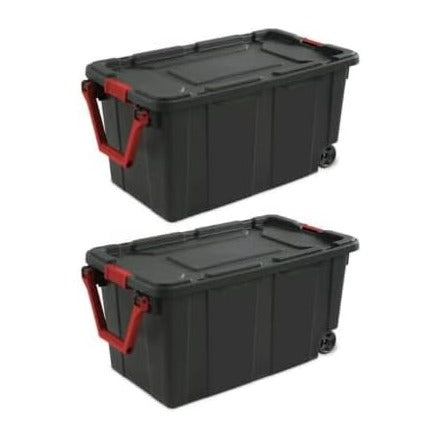 Industrial 40 Gallon Wheeled Tote Plastic Storage Bin, Black, Set of 2