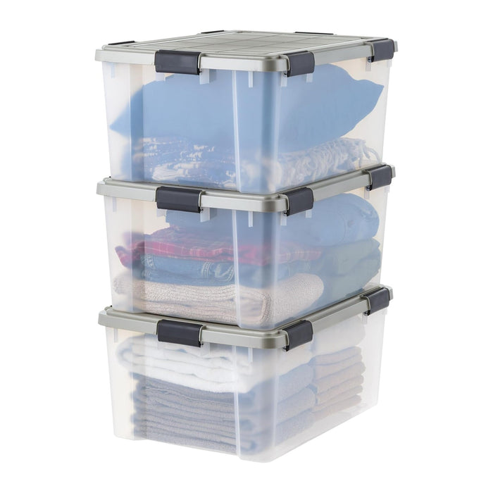 IRIS USA 3-Pack 60 Qt Storage Bins with Gasket Lids, Clear/Chrome