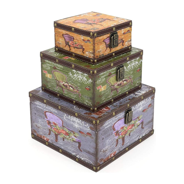 Jolitac Wood Storage Box Set of 3, Vintage Decorative Nesting Boxes Wooden Treasure Storage Crates With Latch, Home Decor Rustic Antique Boxes With Lid for Photos, Jewelry, Cash (Chair)
