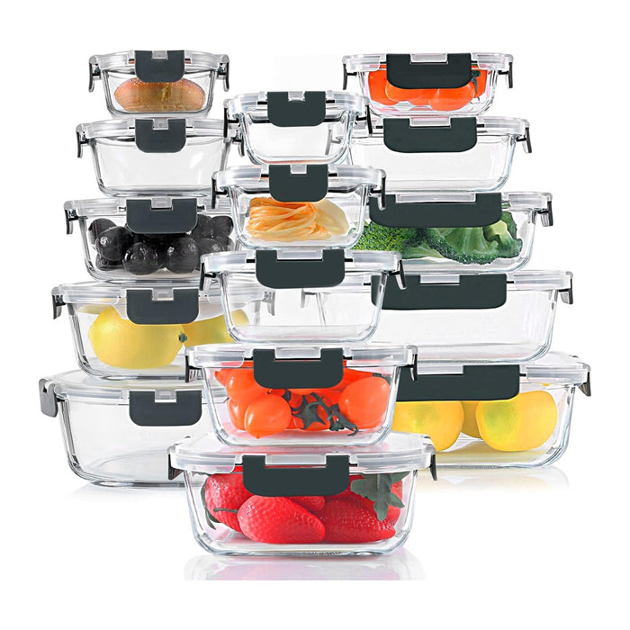 KOMUEE 30 Pieces Glass Food Storage Containers Set with Lids, Gray