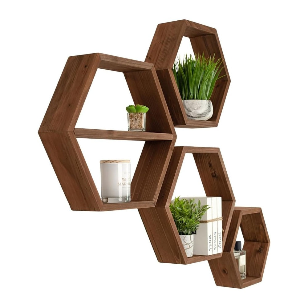 LABEND HOME Hexagon Floating Shelves Set of 4 - Solid Wood Wall Mounted Shelv...