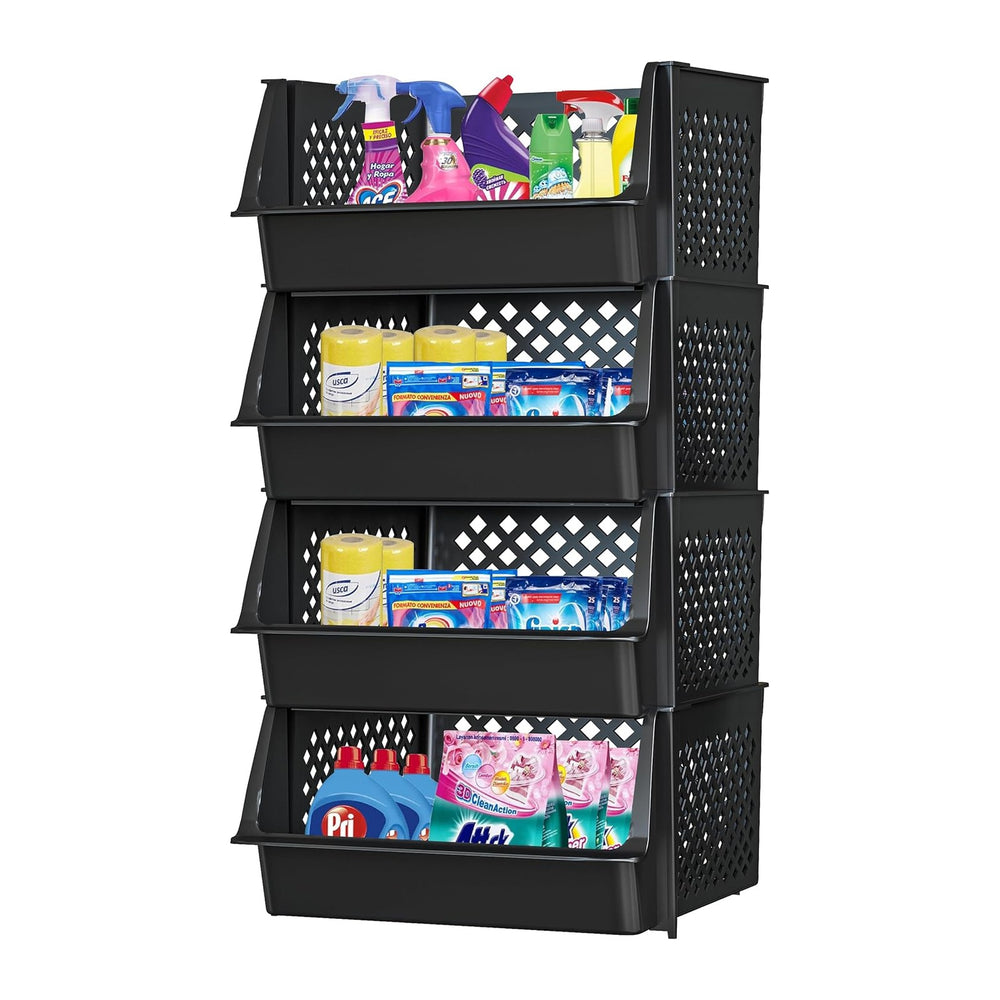 Large Stackable Storage Bins Open Front for Pantry Storage, 4 Pack - Black