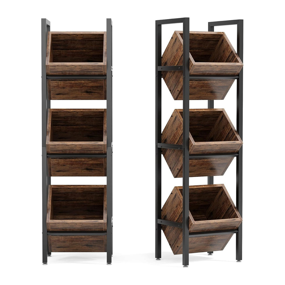LITTLE TREE 3-Tier Basket Stand, Wooden Floor Stand Shelving Unit, Standing O...