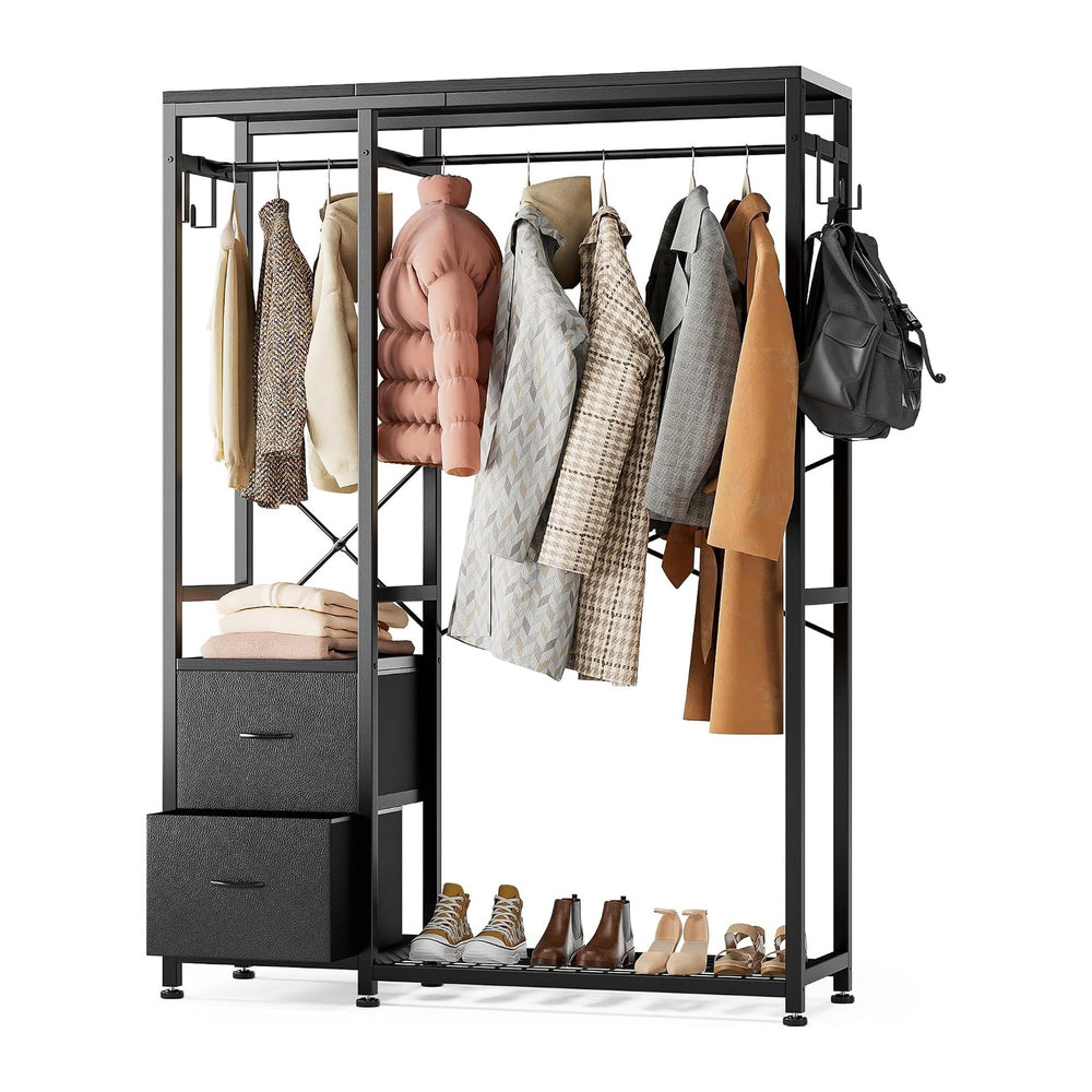 Lulive Clothes Rack with 2 Rods, Shelves, Drawers & Hooks, Garment Rack