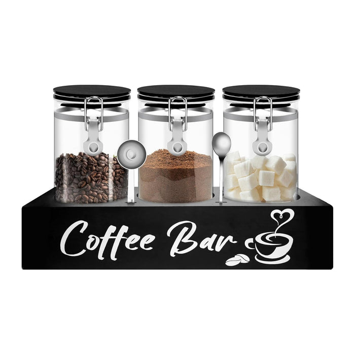 MACIFECI Glass Coffee Containers with Shelf Coffee Station Organizer 54oz Black Glass Coffees Bean Storage Canister with Spoon Coffee Canister Set Kitchen Food Storage Jars for Coffee/Sugar/Candy
