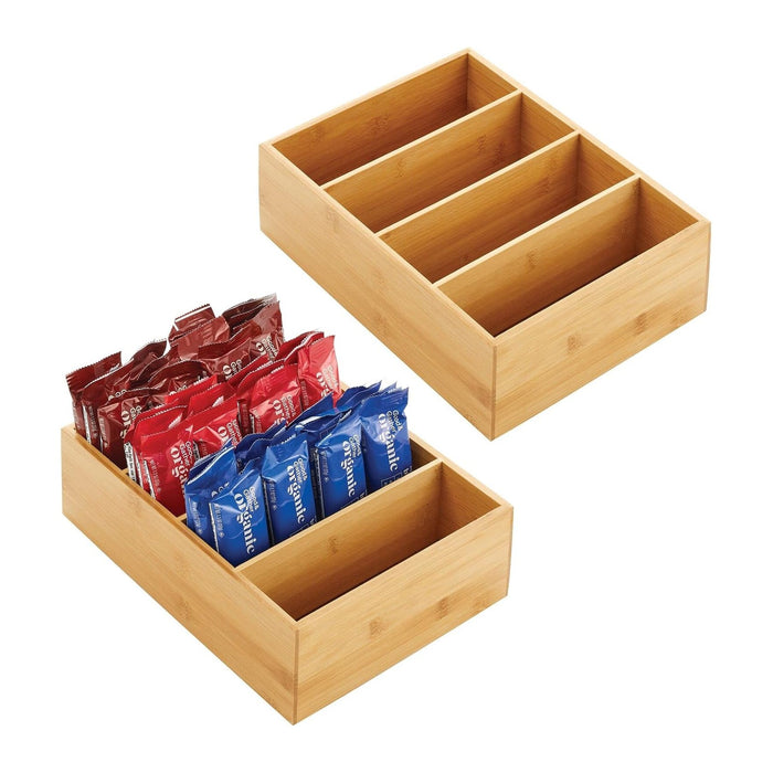 mDesign Bamboo Wood Food Storage Organizer Box, 4 Section, Divided Compartment Bin; Container for Kitchen, Pantry; Holder for Spices, Snacks, Tea, Coffee Cup - Echo Collection - 2 Pack - Natural