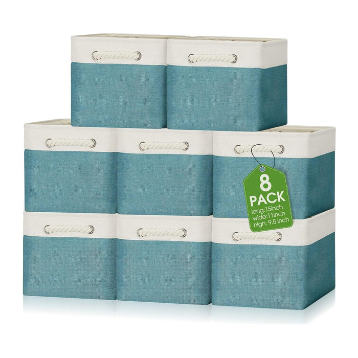 meekoo 8 Pack Fabric Storage Bins Baskets, 15 x 11 x 9.5 in, Cyan White