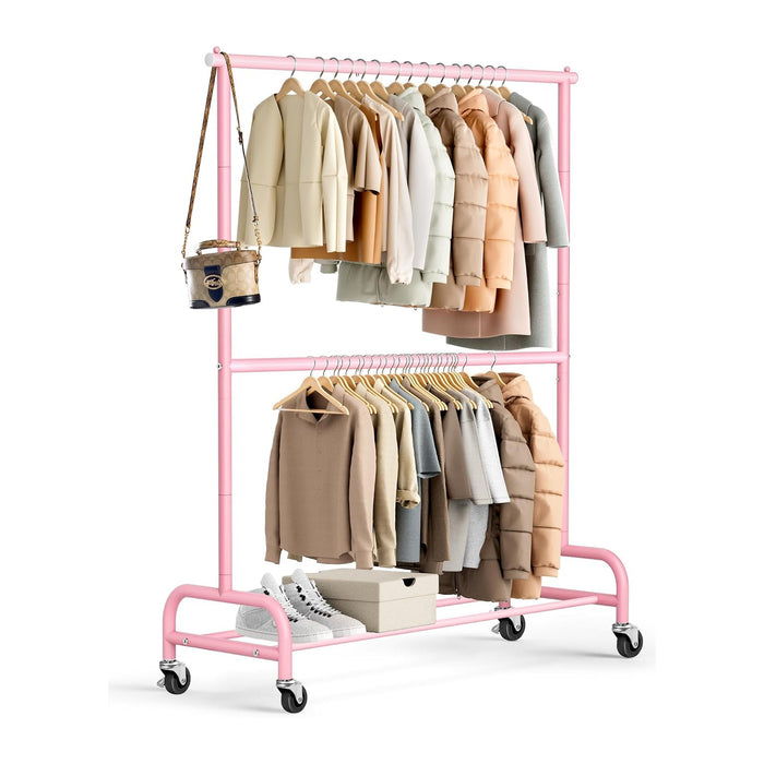 MISSLO Heavy Duty Clothing Racks for Hanging Clothes Rack Double Rod Garment Rack Rolling Closet Wardrobe Rack on Wheels, Metal, Adjustable (Pink)