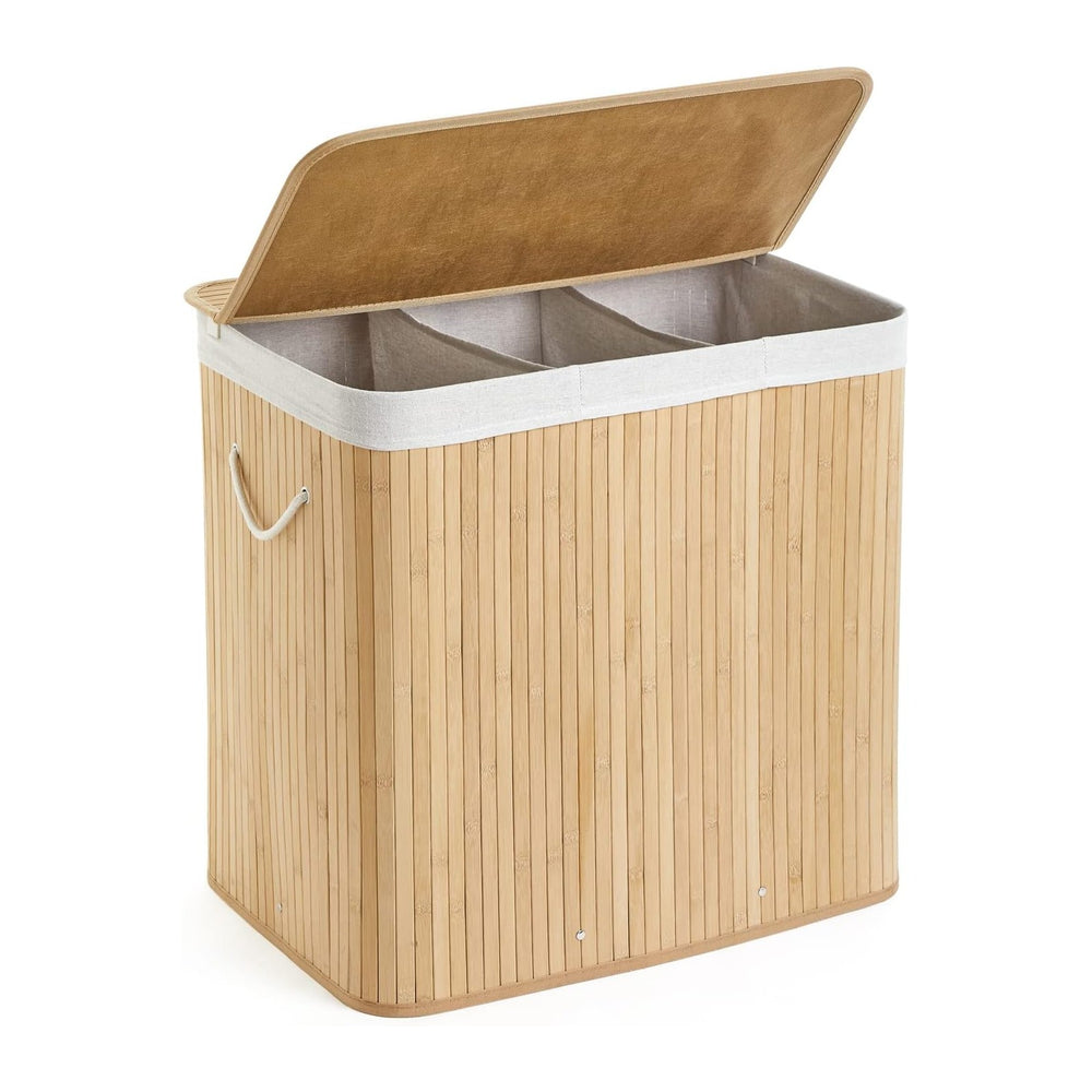 Mondeer Bamboo Laundry Basket Foldable with 3 Sections Storage Hamper with Re...